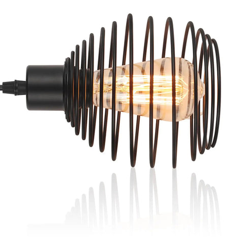 Close-up of black metal cage lampshade with bulb on Plug In Wall Sconces Set Of Two Farmhouse Style Wall Mounted Lights with Wood Beam.