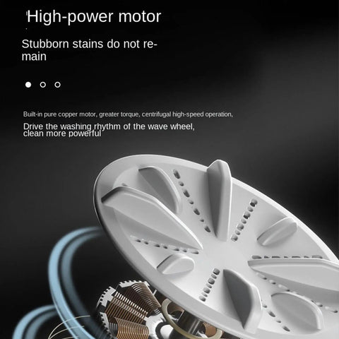 Portable USB Mini Washing Machine With Dead Simple Deep Clean Stain Removal Compact Travel Clothes Washer motor close-up view.
