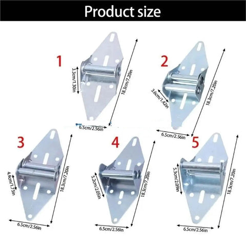 Two Pack Heavy Duty Galvanized Steel Garage Door Hinge Flap Track Hardware Replacement Kit With Vertical Adjustment For Durable Door Support And Smooth Open Close. Product size chart with 5 hinge sizes