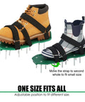 Lawn Aerator Shoes With Strong Hook And Loop Straps For Quick Easy Aerating Of Soil, One Size Fits All, shown on boots