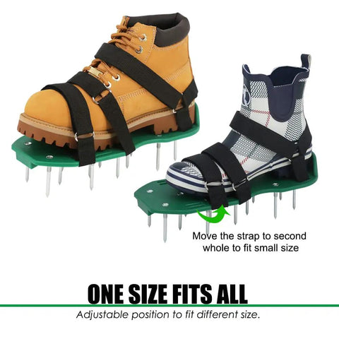 Lawn Aerator Shoes With Strong Hook And Loop Straps For Quick Easy Aerating Of Soil, One Size Fits All, shown on boots