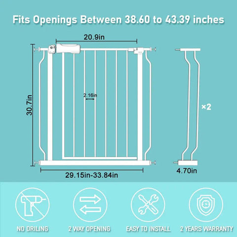 Dimensions of Extra Wide Baby Gate 38.6 To 43.3 Inches Walk Through Pressure Mount Auto Close White Metal Gate