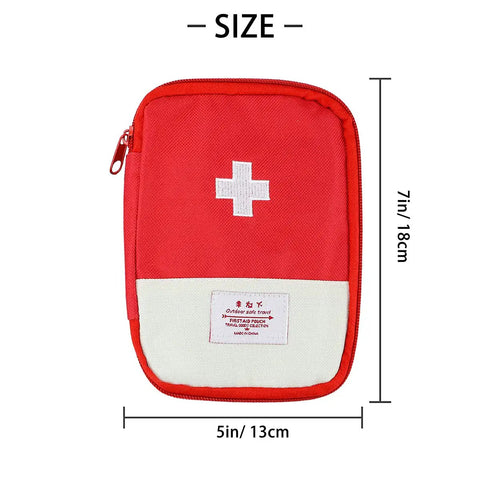 Front view of a red 4 Pack Travel First Aid Pouches Durable 600D Oxford Exterior Grab And Go Ready Portable Outdoor Medical Bags 7 by 5 inches.