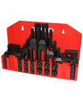 58 Piece T Slot Clamping Kit For Metal Milling Machines With Three Eighths Inch T Type Fixtures, organized on a red holder