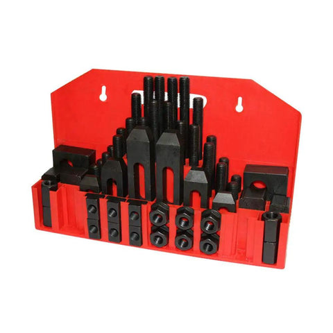58 Piece T Slot Clamping Kit For Metal Milling Machines With Three Eighths Inch T Type Fixtures, organized on a red holder