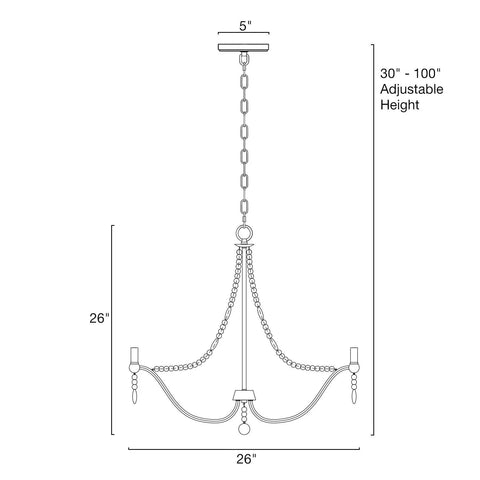 Boho Chic 28 Inch Five Light Wood Beaded Chandelier In Black And Antique White Finish Farmhouse schematic with dimensions
