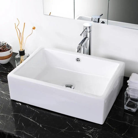Rectangular Porcelain Vessel Sink For Bathroom Above Counter White With Chrome Drain And Overflow Industrial Modern Style