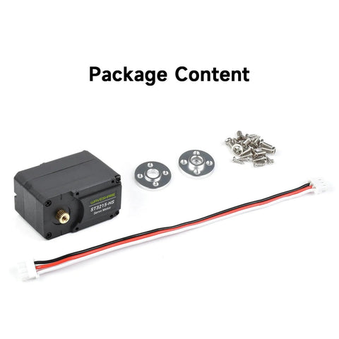 Package contents of 20 Kg-Cm Bus Servo Motor With 360 Degree High Precision Magnetic Encoder, including servo motor, screws, and cables.