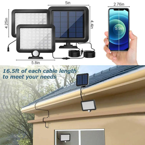 Outdoor Solar Motion Sensor Lights Bangin with 56 LED dual lamps and sixteen feet separated cables installed on rooftop