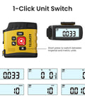 Super Handy 16 Ft Digital Tape Measure with 6 Metric and Imperial Units, easy read display showing 1-click unit switch feature