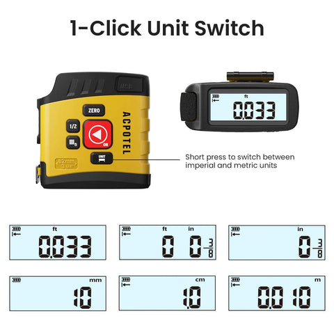 Super Handy 16 Ft Digital Tape Measure with 6 Metric and Imperial Units, easy read display showing 1-click unit switch feature