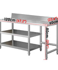 Heavy Duty Stainless Steel Workbench With Triple Tier Shelving And Secure Guardrails Reinforced Crossbeams Adjustable Feet, dimensions shown.