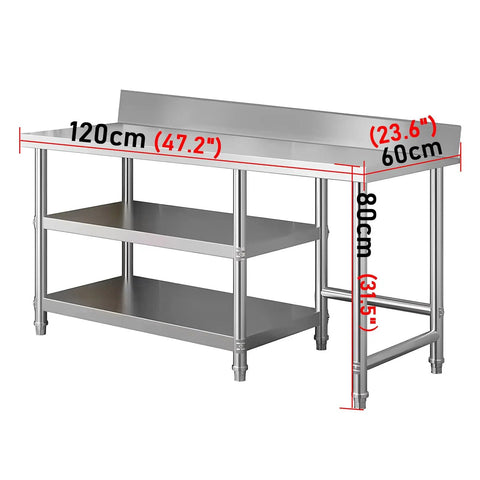 Heavy Duty Stainless Steel Workbench With Triple Tier Shelving And Secure Guardrails Reinforced Crossbeams Adjustable Feet, dimensions shown.