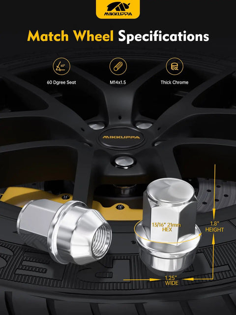 Close-up of Chrome Lug Nut Kit 24 Pcs M14x1.5 Replacement For 2015 To 2024 Ford F-150 Expedition Lincoln Navigator on wheel
