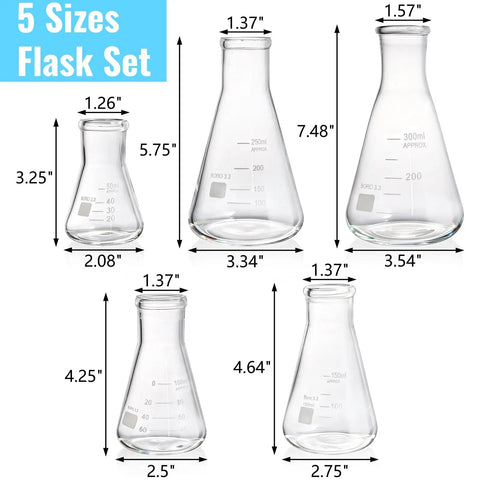 Go To Lab Erlenmeyer Flask Set With Borosilicate Glass, Five Size Graduated Conical Flasks 300 mL, 250 mL, 150 mL, 100 mL, 50 mL