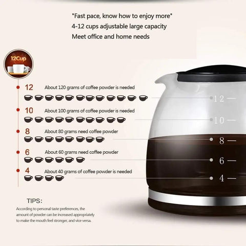 Smart Coffee Machine With Two Flavor Settings And Espresso Brew Dual Pumps And Boilers Six Function Buttons Programmable Timer And Adjustable Strength For Fresh Morning Coffee On Demand showing coffee quantity chart on glass carafe