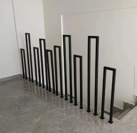 Slick Matte Black U Shape Indoor Outdoor Stair Railing, Heavy Duty Wrought Iron Handrail With Square Tube Cover, Built Tough For Porch Loft And Steps, Tough As Nails Industrial Build 2Pcs Set installed on indoor steps.
