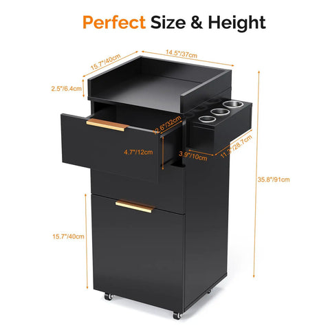 Rolling Salon Cart With Three Tier Design Two Drawers And Adjustable Shelf Hair Dryer Holder Pro Grade Mobile Organizer For Salon Barber Spa Nail And Beauty Tools Black