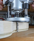 Solid Carbide Compression Flush Trim Router Bit Set Runs Smooth As Silk Keeps Clean Cut Lines For Awesome Cabinet Upgrades Two Piece Workshop Kit in use on wood.