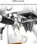 Pro Level Fully Automatic Espresso Coffee Machine Built For The Morning Rush With A Rock Solid 19 Bar Pump and freshly brewed espresso in cup.