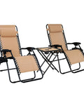 Outdoor Zero Gravity Lounge Chairs Set With Cup Holders And Side Table, Adjustable Reclining Headrest Pillow, Weatherproof Textilene Beige 2 Pack
