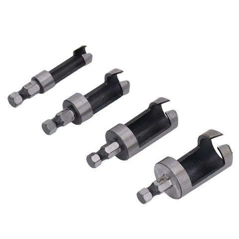 Hardwood Shop Tough Four Piece Plug Cutter Set With Hex Shank For Router Bit Holes and Clean Screw Concealment In Cabinetry. Set of four cutters.