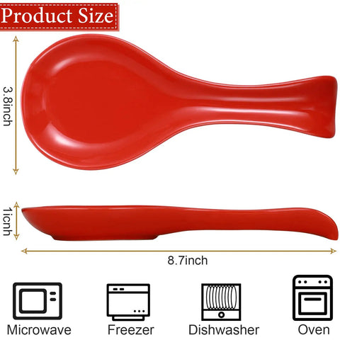 Red ceramic spoon rest size 3.8x8.7 inches from Four Piece Stove Burner Covers Set With Ceramic Spoon Rest And Stainless Steel Top Protector For Gas And Electric Stoves 8 Inch And 10 Inch Covers Red Must Have Kitchen Bar Accessory. Suitable for microwave, freezer, dishwasher, oven.