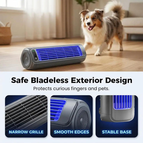 Compact USB Powered Air Cooler For Bedroom And Office With 3 Speed Settings Icy And Extra Cold Modes in living room setup