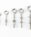 304 Stainless Steel Eyebolts Assortment Kit With Nuts And Washers, Mixed M5 To M16 Sizes, shown aligned from left to right.