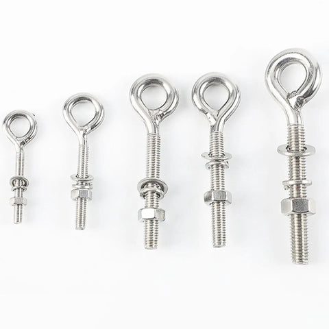 304 Stainless Steel Eyebolts Assortment Kit With Nuts And Washers, Mixed M5 To M16 Sizes, shown aligned from left to right.
