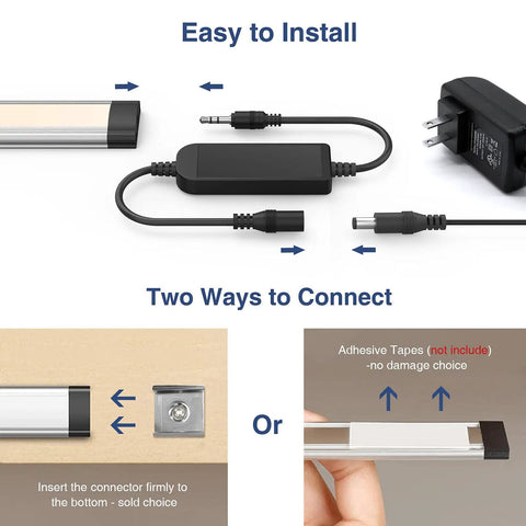 Under Cabinet Lighting Kit With 6 Pack 12 Inch LED Strips showing easy installation connector options, plug-in setup.