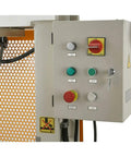 Control panel of No Nonsense 30 Ton Electric Hydraulic Shop Press Heavy Workhorse For Auto Shop Repair with buttons and emergency stop.
