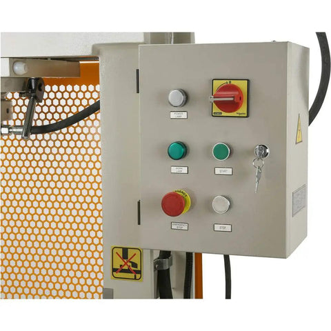 Control panel of No Nonsense 30 Ton Electric Hydraulic Shop Press Heavy Workhorse For Auto Shop Repair with buttons and emergency stop.