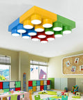 Modern Kid Friendly Kids Room Flush Mount Ceiling Light Fixture Made Of Acrylic With Colorful Block Toy Shape In Square Blue Design