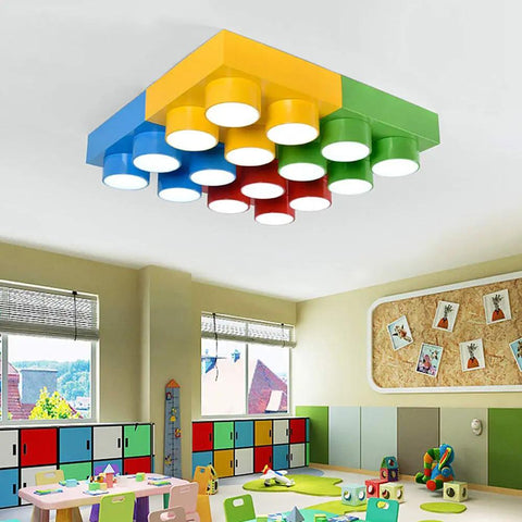 Modern Kid Friendly Kids Room Flush Mount Ceiling Light Fixture Made Of Acrylic With Colorful Block Toy Shape In Square Blue Design