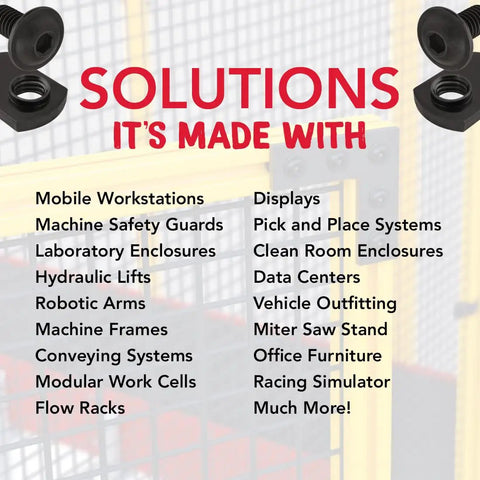 Heavy Duty 15 Series Bolt Assembly Kit used in workstations, enclosures, safety guards, robotic arms, with screws and T-nuts example.