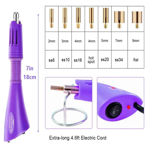 Purple Hotfix Applicator Kit with 6000 Rhinestones, 16 Color Bedazzler Set showing 7 tip sizes and on/off switch.