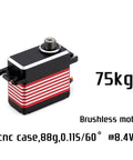 Hella Smooth High Voltage Steering Servo Delivering 75 Kilograms Of Raw Torque In An 88 Gram Compact Body With A Rock Solid Cnc Metal Case Fully Waterproofed For Rc Vehicles Steel Arms, angled view.