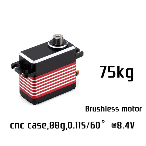 Hella Smooth High Voltage Steering Servo Delivering 75 Kilograms Of Raw Torque In An 88 Gram Compact Body With A Rock Solid Cnc Metal Case Fully Waterproofed For Rc Vehicles Steel Arms, angled view.