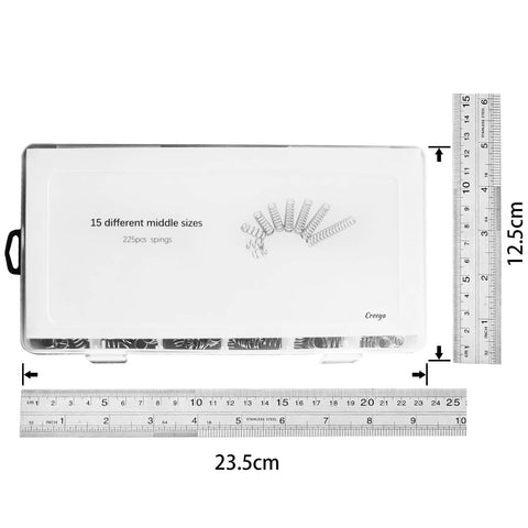 CREEYA 225pcs compression spring set in clear plastic case, 15 sizes, wire diameters 0.6–1.0 mm.
