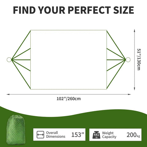 Diagram of Ultra Durable Camping Hammock With Mesh Net For Outdoor Adventures showing dimensions: 102x51 inches, 441 lb capacity.
