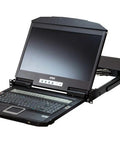 Industrial Grade 4 Port USB HDMI KVM Switch Featuring Spanish Keyboard And Slick Dual Rail Mounting open with keyboard and screen visible.
