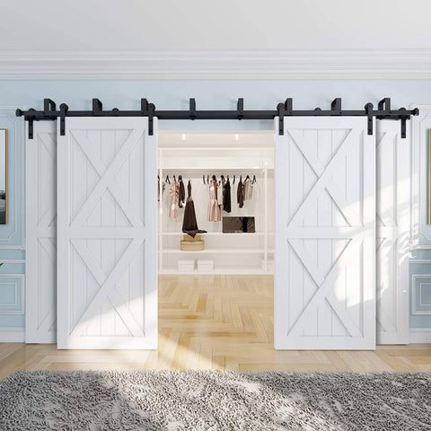 Four Door 15Ft Double Track Bypass Sliding Barn Door Hardware Kit, Hardware Only, Doors Not Included, installed view