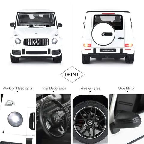 Front and rear view of Mercedes AMG G63 Off Road Remote Control Car 1 14 Scale With Doors Open Working LED Lights 2.4Ghz White