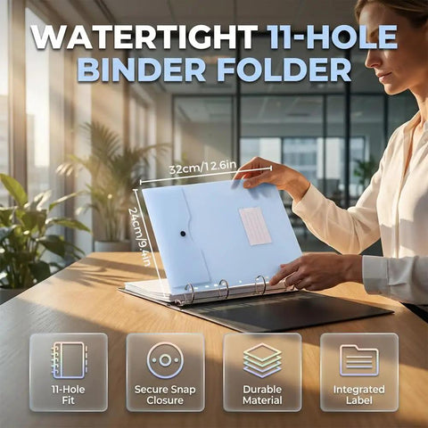 Person using 11 Hole Expanding File Pockets Waterproof Binder Pockets for 2 3 4 Ring Binders With Snap Button And Label Area