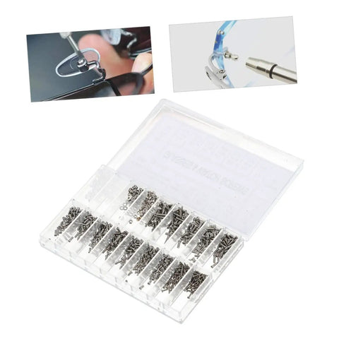 Glasses Repair Kit With Tweezers Screwdriver Cleaning Cloth And Thousands Of Eyewear Screws For Quick Eyewear Fixes At Home Office Or On The Go A Portable Complete Maintenance Set For Glasses And Sunglasses featuring assorted screws in a clear box
