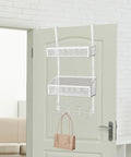 Heavy Duty Over The Door Organizer With Double Layer Mesh Baskets And Eight Sturdy Hooks for bathroom door with beige handbag.