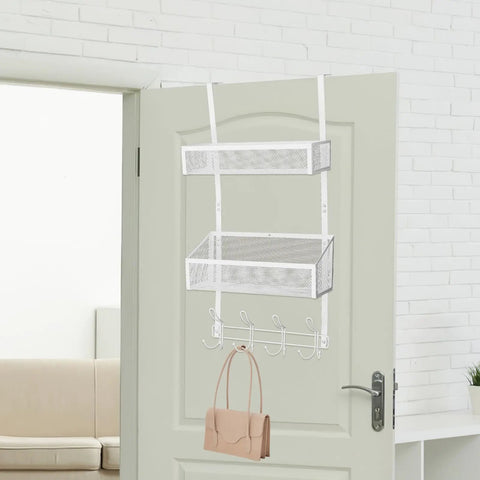 Heavy Duty Over The Door Organizer With Double Layer Mesh Baskets And Eight Sturdy Hooks for bathroom door with beige handbag.