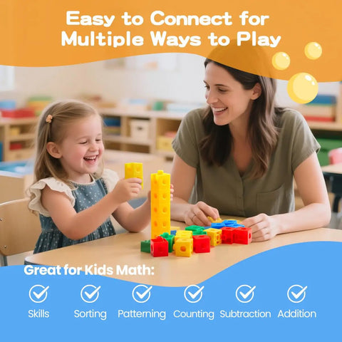 Child and teacher using 200 Piece Kids Linking Cubes Set For Math And STEM Building Blocks