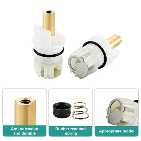 Leak Free Delta Two Handle Faucet Repair Kit With Stem Assembly Replacement Pack Includes Cartridges RP24096 Seats RP4993 Springs And One Quarter Turn Stops 2 Pack showing components and features.